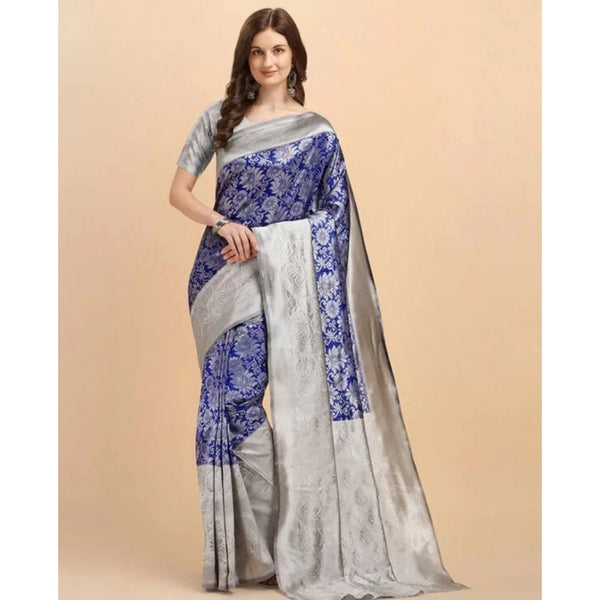 Women's Soft Lichi Silk Printed Saree With Unstitched Blouse 5.5Mtr (Blue)