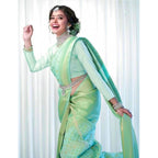 Women's Soft Lichi Silk Printed Saree With Unstitched Blouse 5.5Mtr (Light Green)