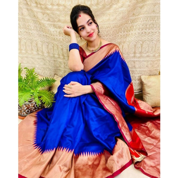 Women's Soft Lichi Silk Solid Saree With Unstitched Blouse 5.5Mtr (Blue)
