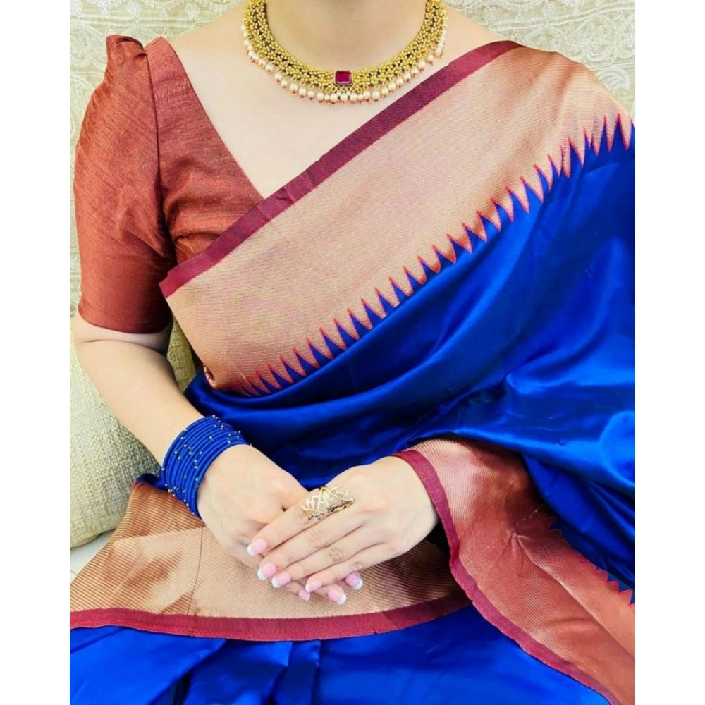 Women's Soft Lichi Silk Solid Saree With Unstitched Blouse 5.5Mtr (Blue)