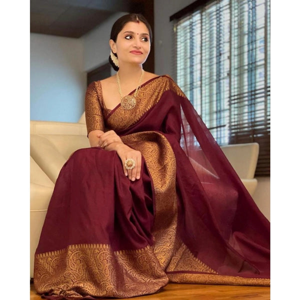 Women's Soft Lichi Silk Solid Saree With Unstitched Blouse 5.5Mtr (Maroon)