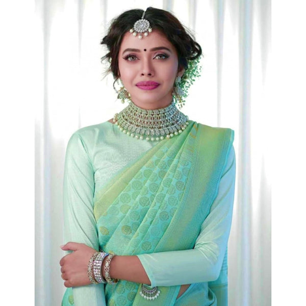 Women's Soft Lichi Silk Printed Saree With Unstitched Blouse 5.5Mtr (Light Green)