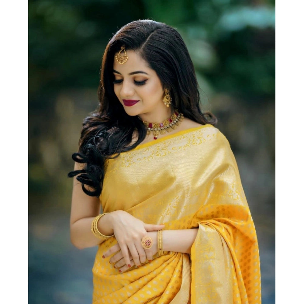 Women's Soft Lichi Silk Printed Saree With Unstitched Blouse 5.5Mtr (Yellow)