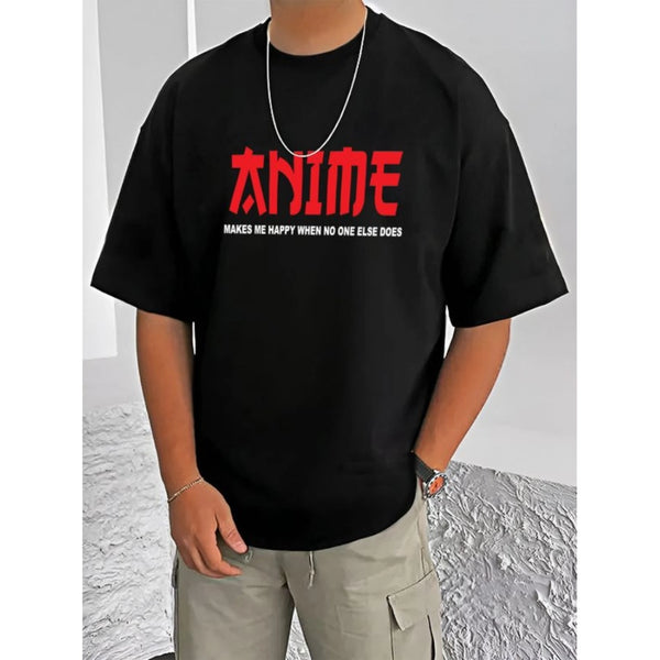 Men's Casual Cotton Blend Printed Round Neck Half Sleeve T-Shirt (Black)