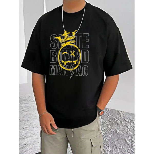 Men's Casual Cotton Blend Printed Round Neck Half Sleeve T-Shirt (Black)