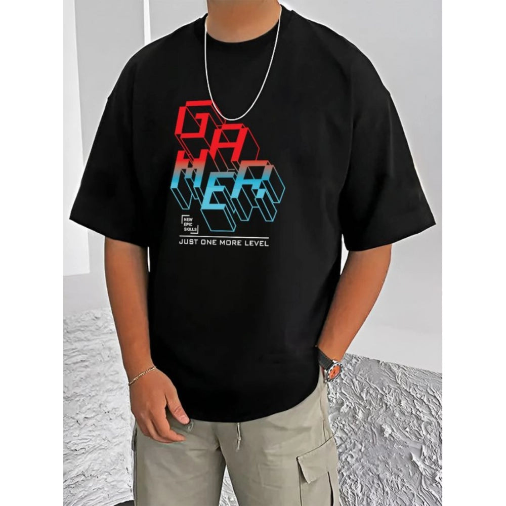 Men's Casual Cotton Blend Printed Round Neck Half Sleeve T-Shirt (Black)