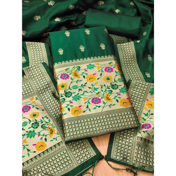 Women's Banarasi Silk Printed Unstitched Salwar Suit Material With Dupatta (Bottle Green, 3Mtrs)