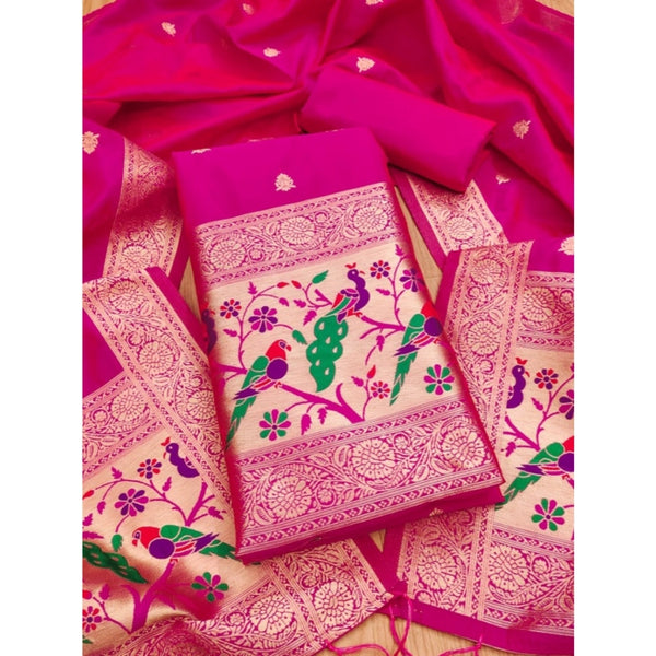 Women's Banarasi Silk Printed Unstitched Salwar Suit Material With Dupatta (Pink, 3Mtrs)