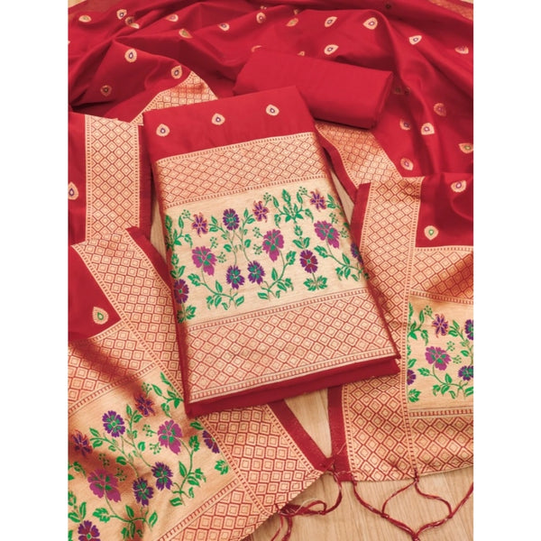 Women's Banarasi Silk Printed Unstitched Salwar Suit Material With Dupatta (Red, 3Mtrs)