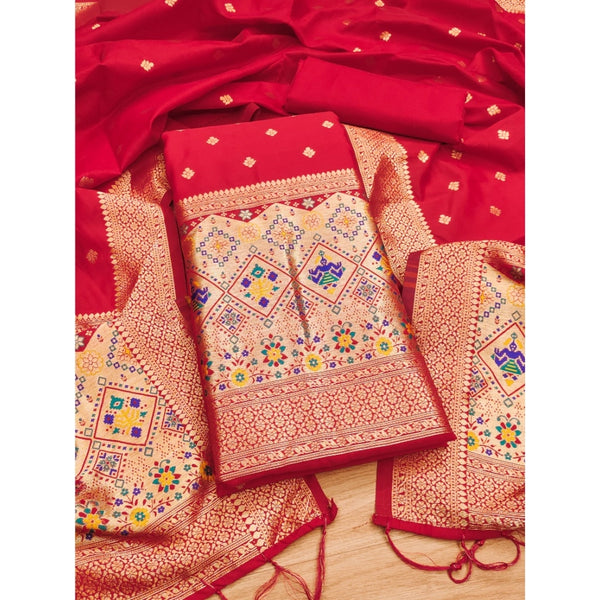 Women's Banarasi Silk Printed Unstitched Salwar Suit Material With Dupatta (Red, 3Mtrs)