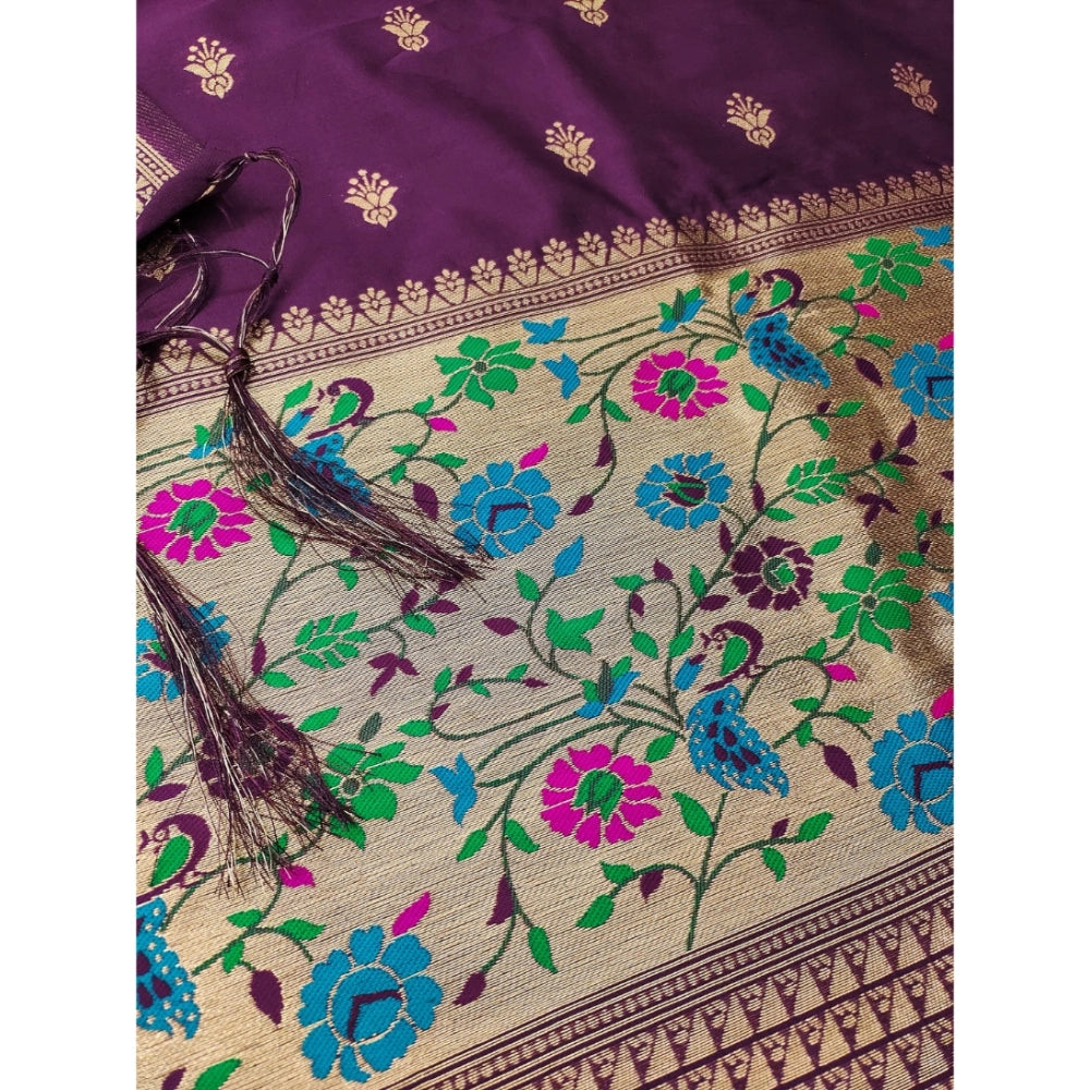 Women's Banarasi Silk Printed Unstitched Salwar Suit Material With Dupatta (Wine, 3Mtrs)