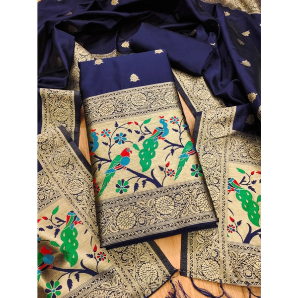 Women's Banarasi Silk Printed Unstitched Salwar Suit Material With Dupatta (Navy Blue, 3Mtrs)