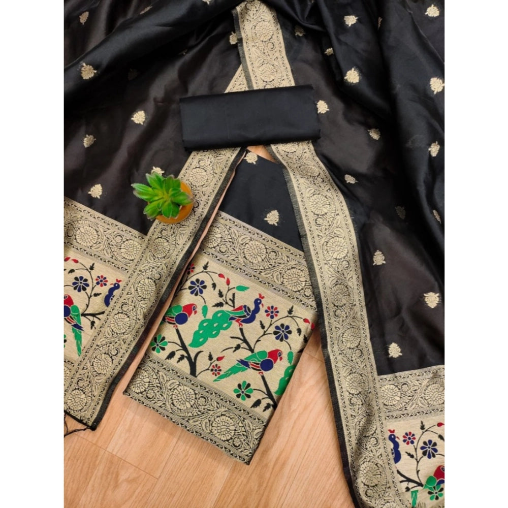 Women's Banarasi Silk Printed Unstitched Salwar Suit Material With Dupatta (Black, 3Mtrs)