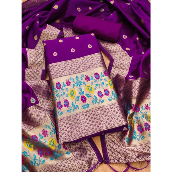 Women's Banarasi Silk Printed Unstitched Salwar Suit Material With Dupatta (Purple, 3Mtrs)