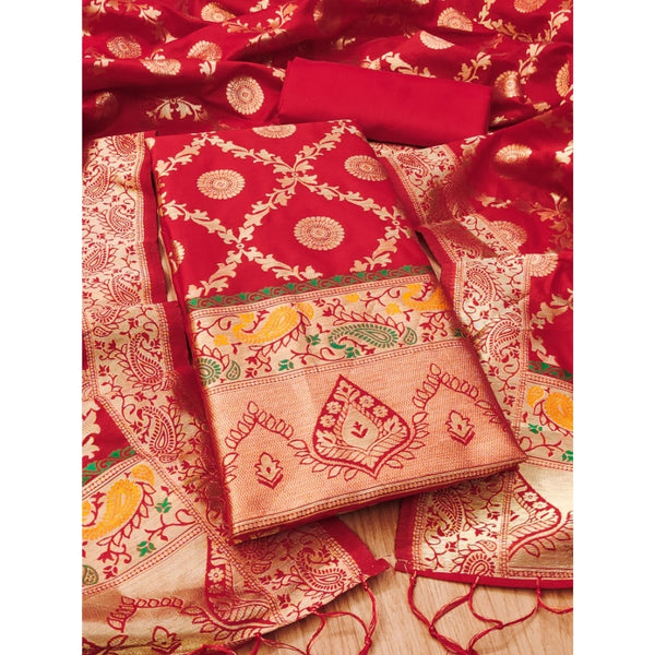 Women's Banarasi Silk Printed Unstitched Salwar Suit Material With Dupatta (Red, 3Mtrs)