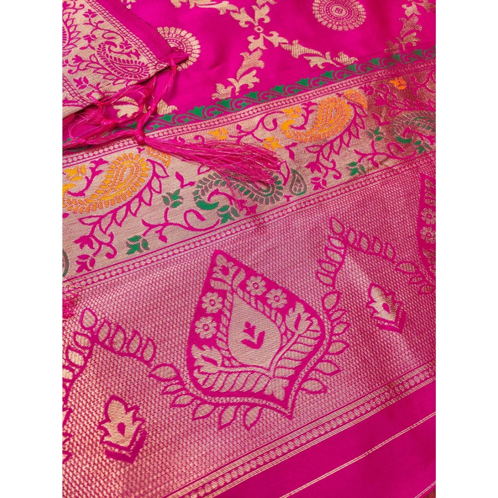 Women's Banarasi Silk Printed Unstitched Salwar Suit Material With Dupatta (Pink, 3Mtrs)