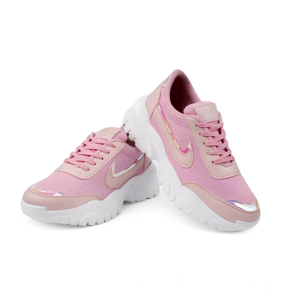 Women's Casual Mesh Printed Lace-Ups Shoes (Pink)