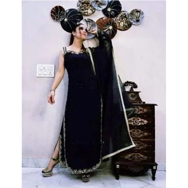 Women's Georgette Embroidery Sleeveless Round Neck Kurti, Palazzo And Dupatta Set (Black)