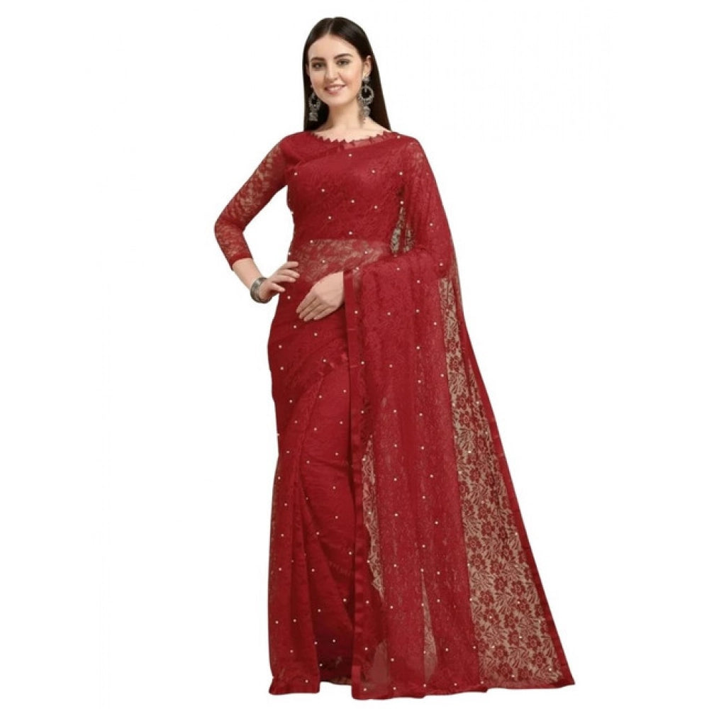Women's Net Self Design Saree With Unstitched Blouse 5.5Mtr  (Maroon)