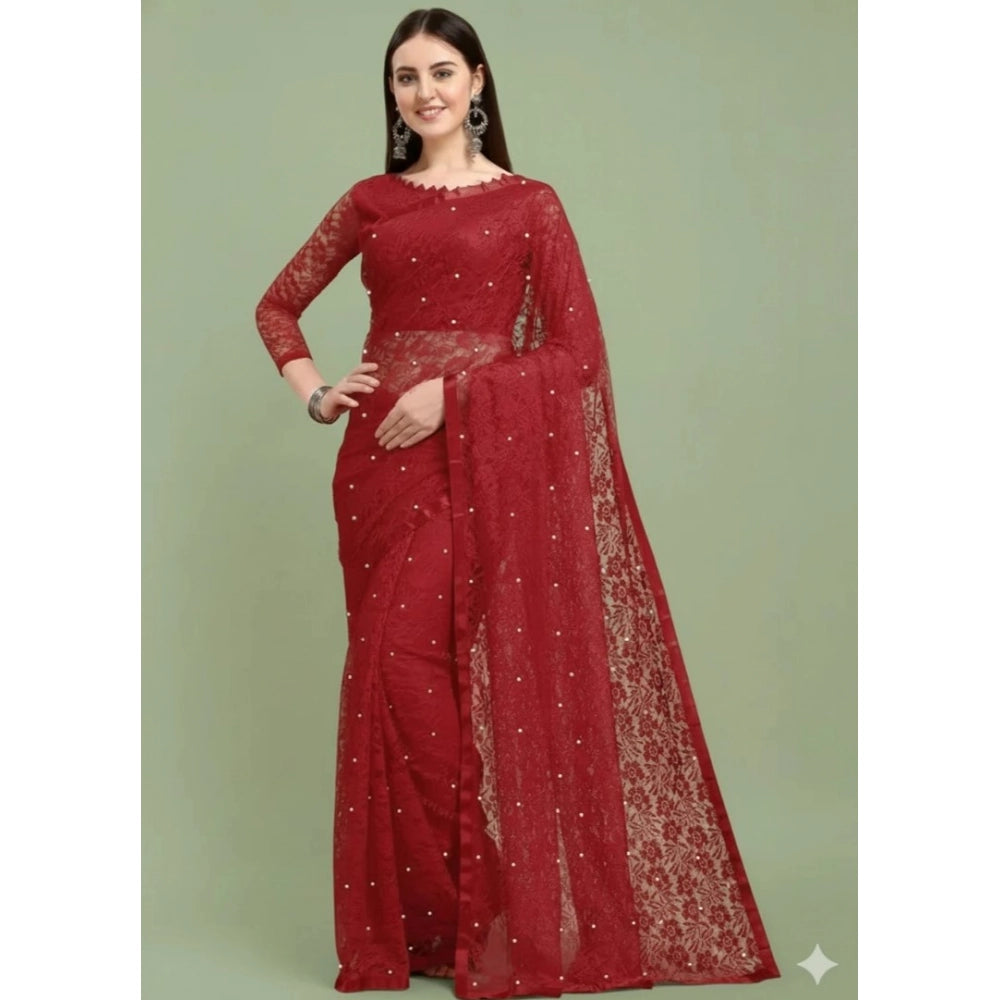 Women's Net Self Design Saree With Unstitched Blouse 5.5Mtr  (Maroon)
