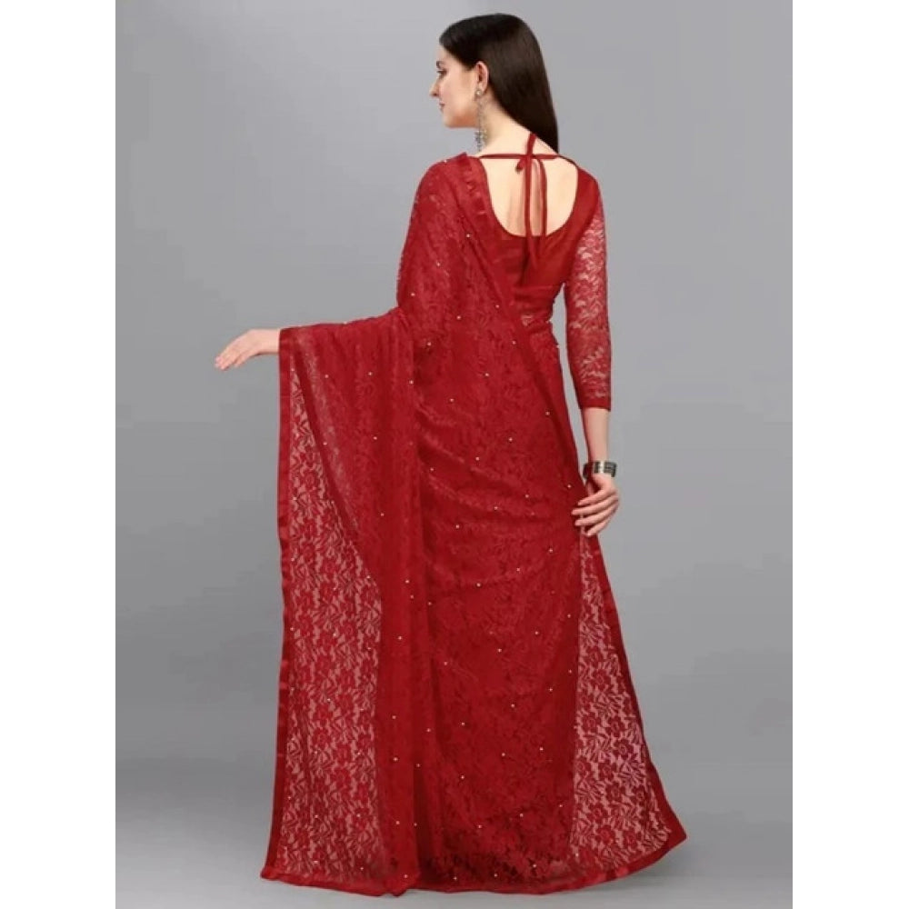Women's Net Self Design Saree With Unstitched Blouse 5.5Mtr  (Maroon)
