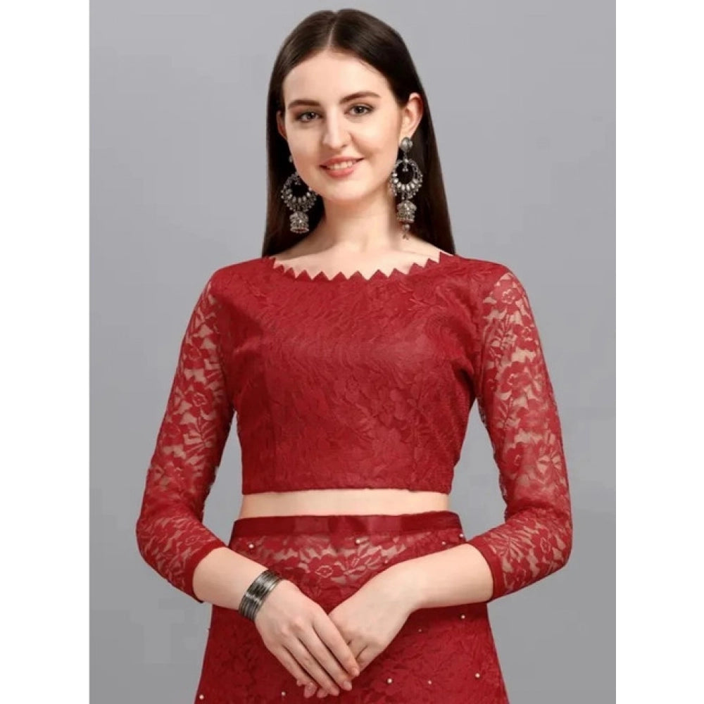 Women's Net Self Design Saree With Unstitched Blouse 5.5Mtr  (Maroon)