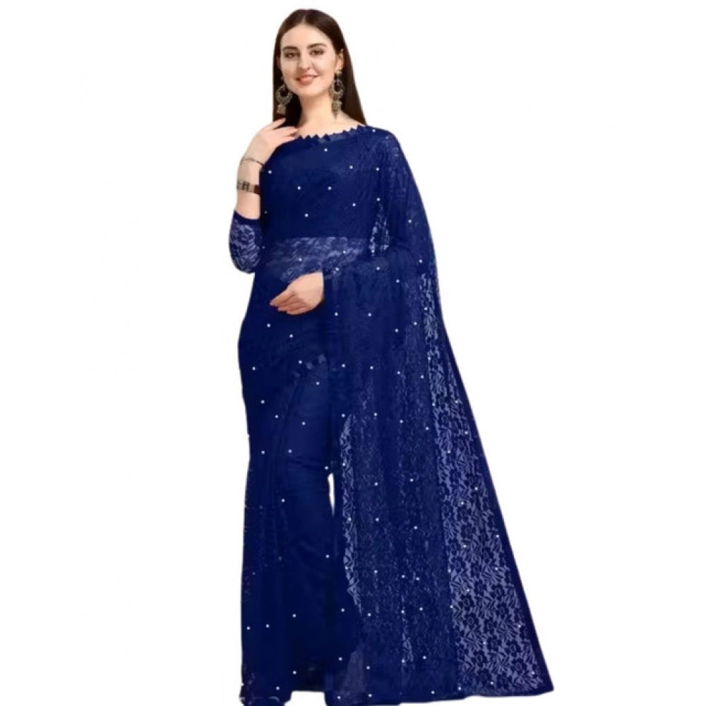 Women's Net Self Design Saree With Unstitched Blouse 5.5Mtr  (Navy Blue)