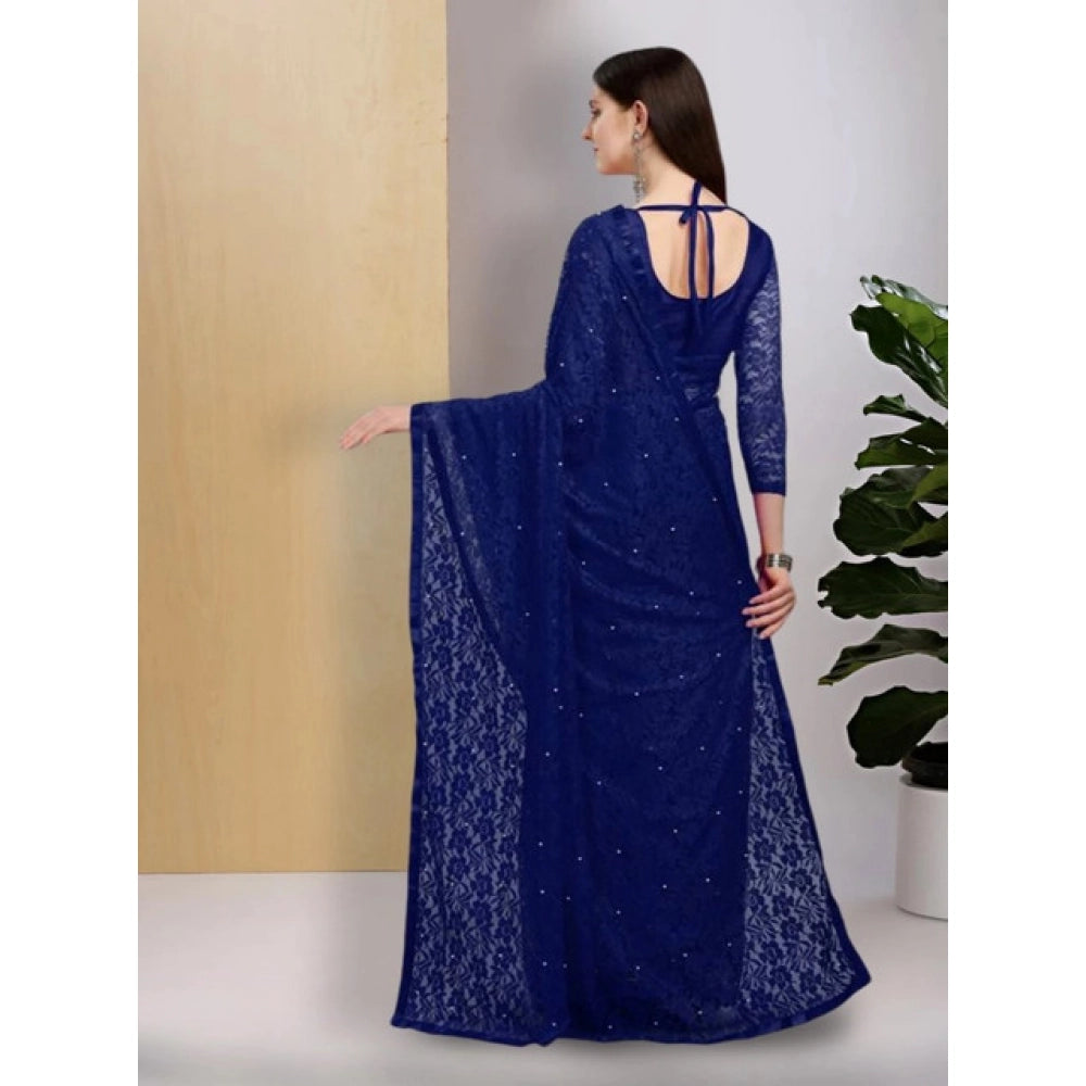Women's Net Self Design Saree With Unstitched Blouse 5.5Mtr  (Navy Blue)