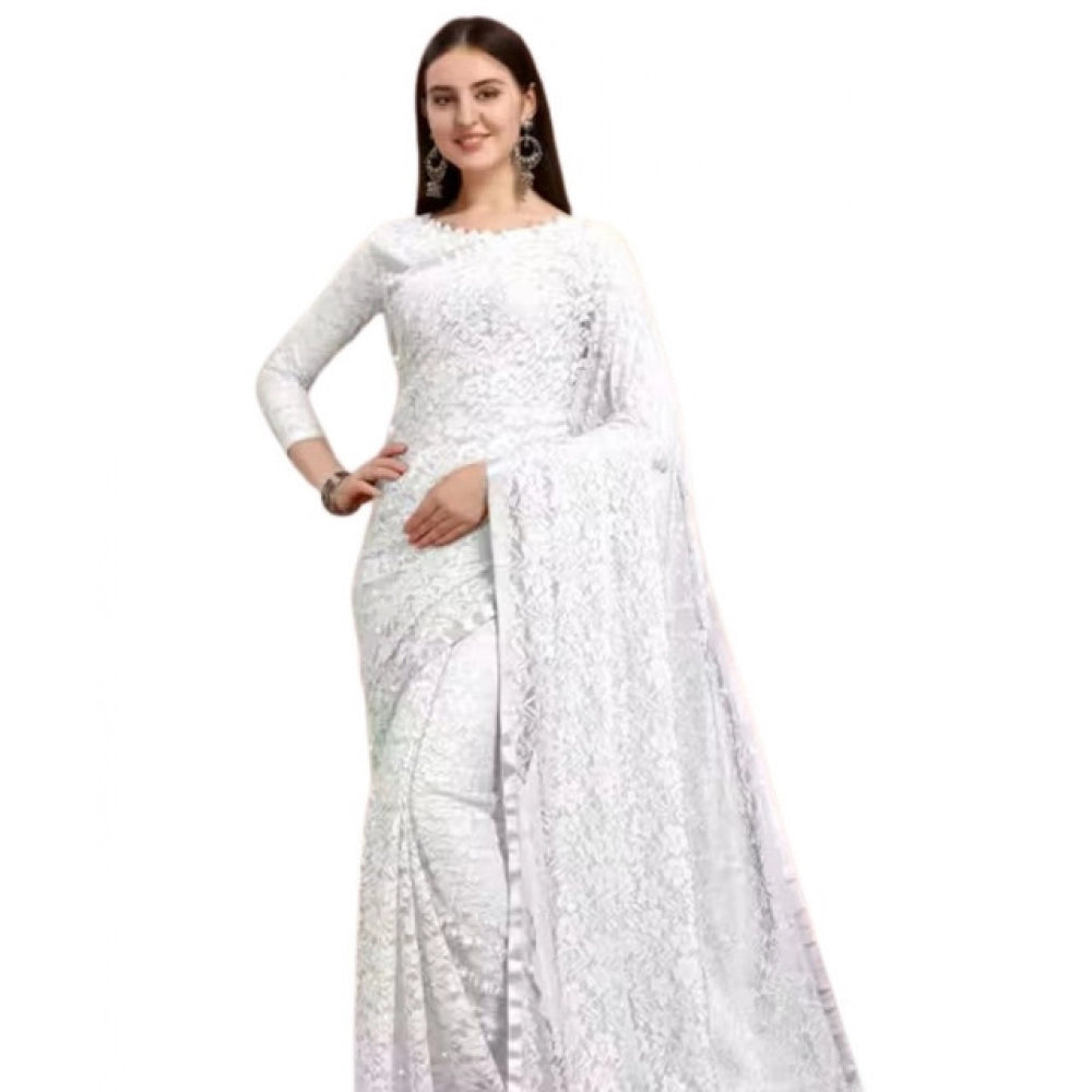 Women's Net Self Design Saree With Unstitched Blouse 5.5Mtr  (White)