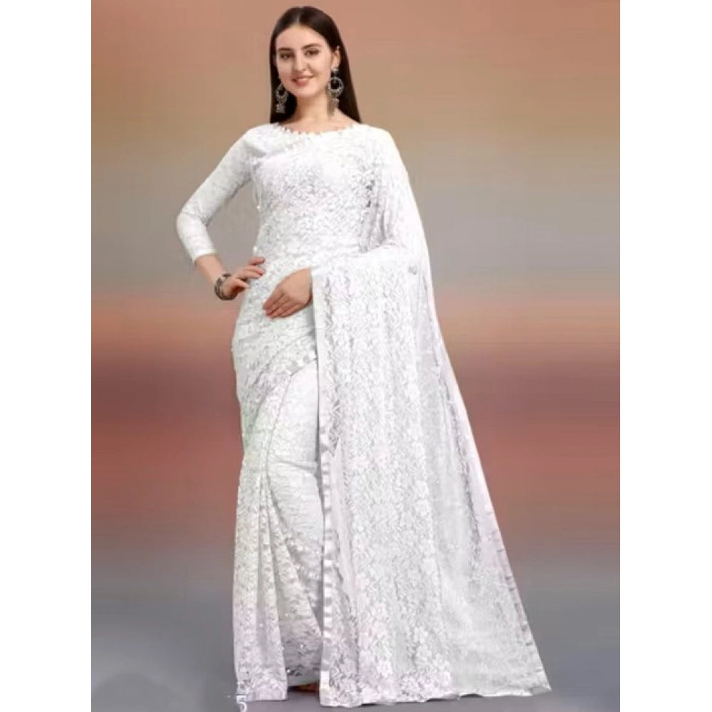 Women's Net Self Design Saree With Unstitched Blouse 5.5Mtr  (White)