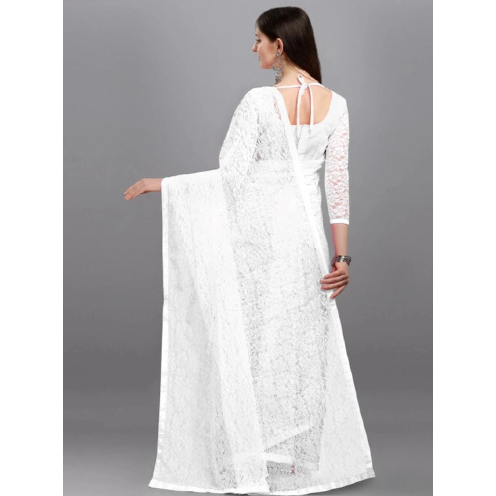 Women's Net Self Design Saree With Unstitched Blouse 5.5Mtr  (White)