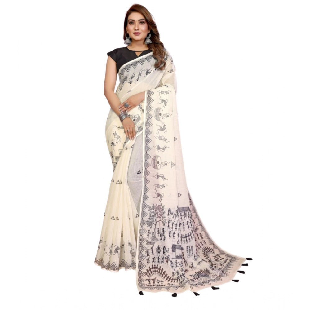 Women's Linen Cotton Printed Saree With Unstitched Blouse 5.5Mtr (Off White)