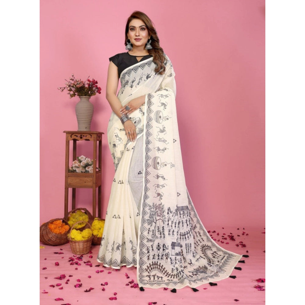 Women's Linen Cotton Printed Saree With Unstitched Blouse 5.5Mtr (Off White)
