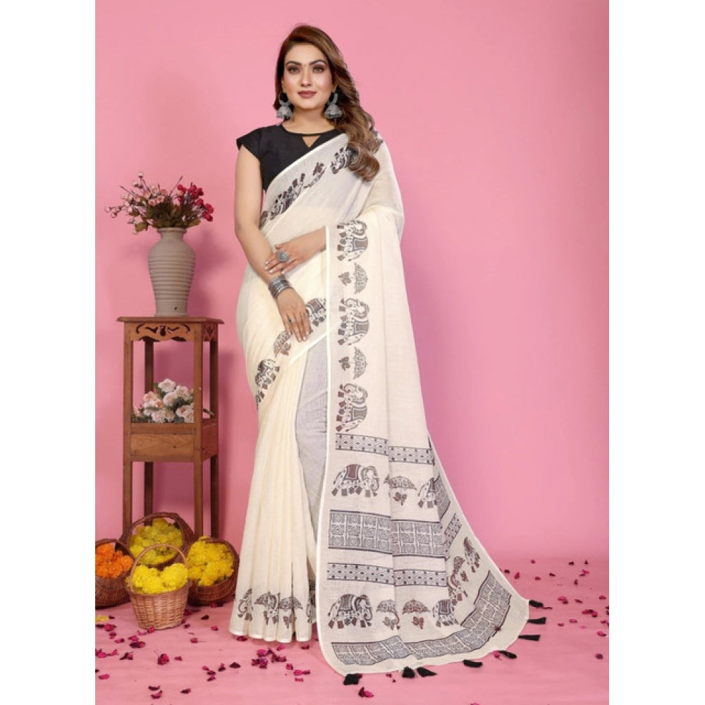 Women's Linen Cotton Printed Saree With Unstitched Blouse 5.5Mtr (Off White)
