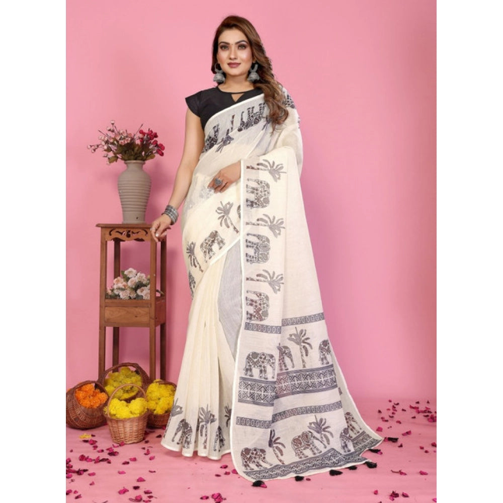Women's Linen Cotton Printed Saree With Unstitched Blouse 5.5Mtr (Off White)