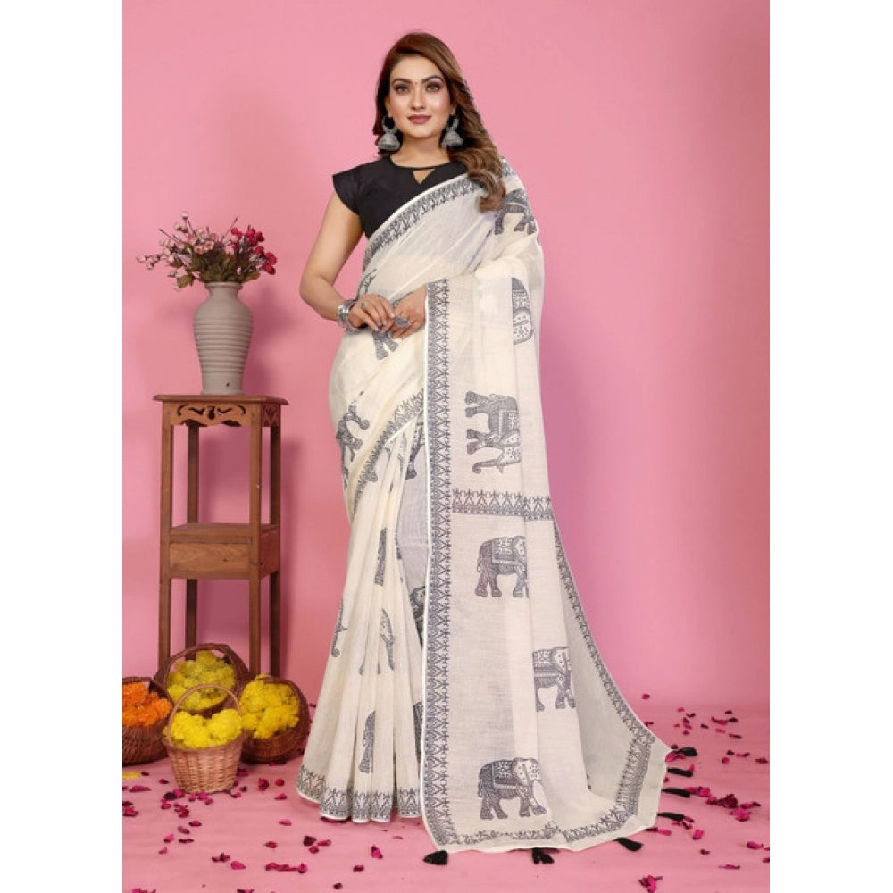 Women's Linen Cotton Printed Saree With Unstitched Blouse 5.5Mtr (Off White)