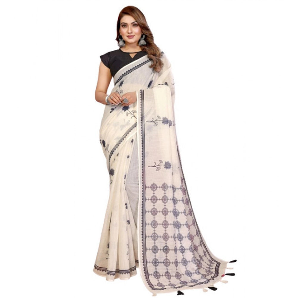 Women's Linen Cotton Printed Saree With Unstitched Blouse 5.5Mtr (Off White)