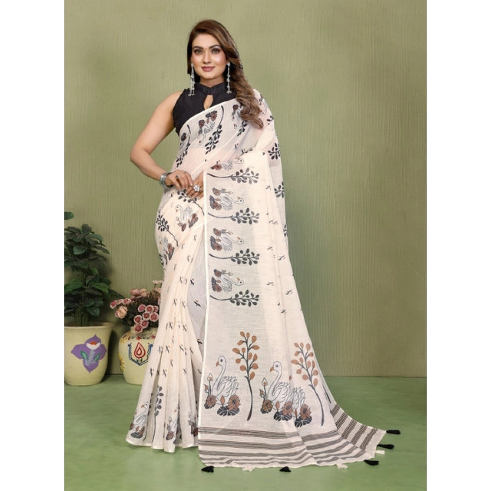 Women's Linen Cotton Printed Saree With Unstitched Blouse 5.5Mtr (Off White)
