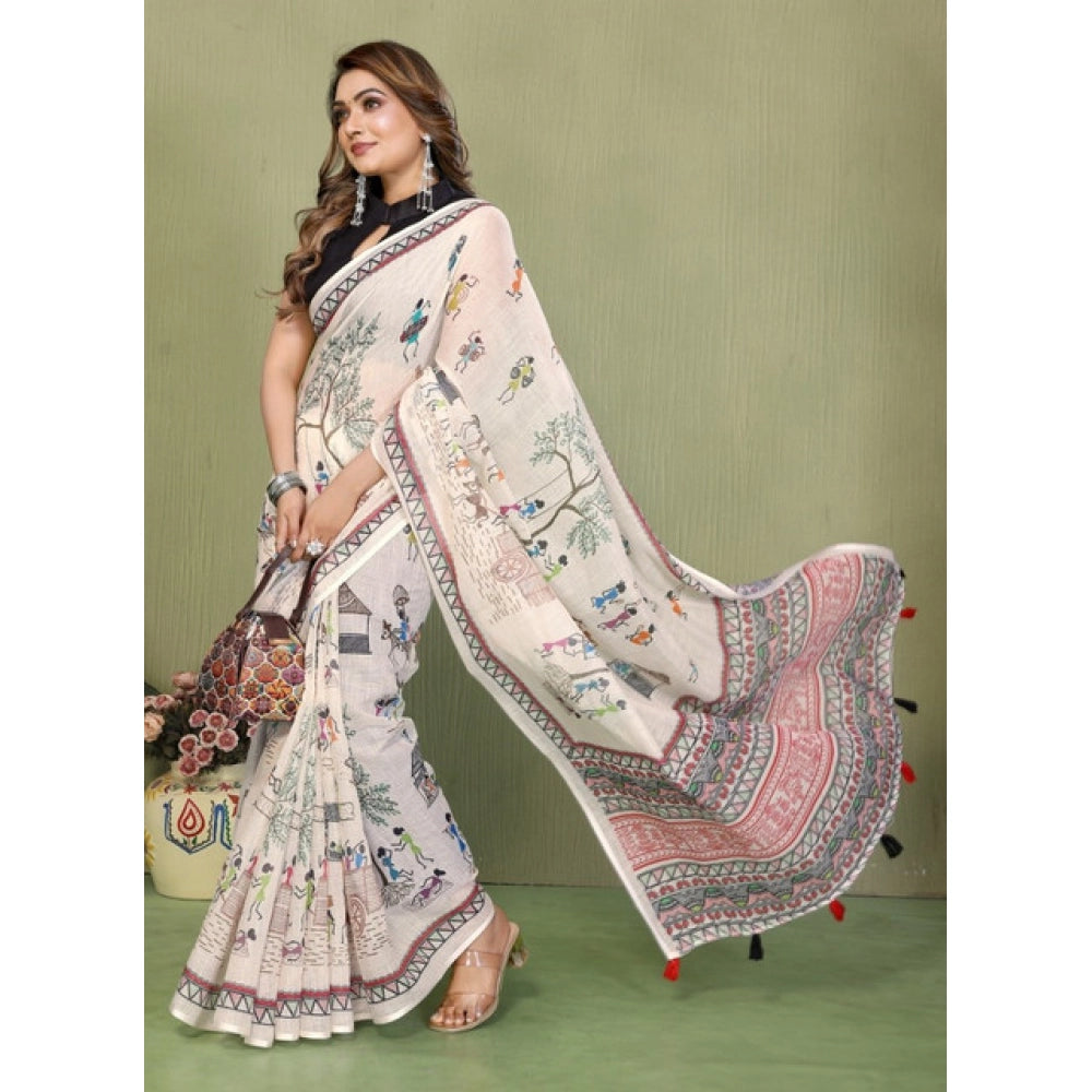 Women's Linen Cotton Printed Saree With Unstitched Blouse 5.5Mtr (Off White)