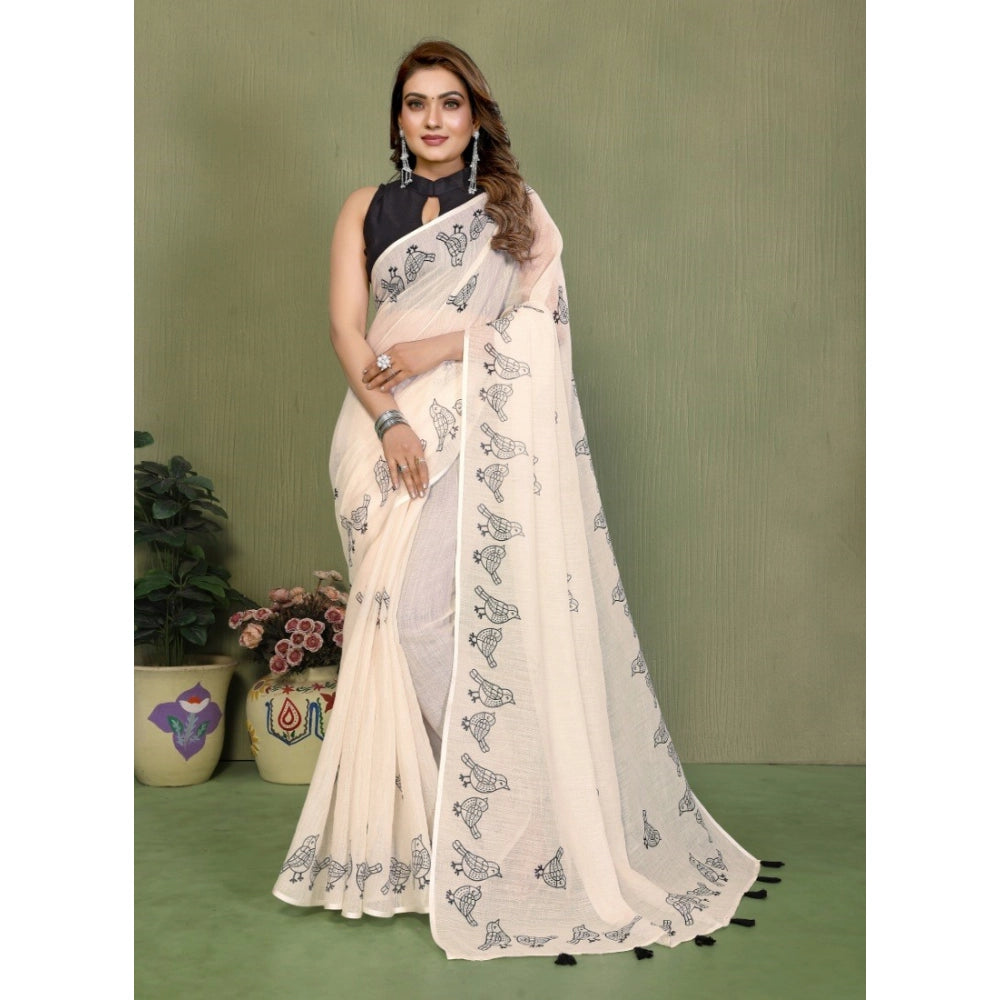 Women's Linen Cotton Printed Saree With Unstitched Blouse 5.5Mtr (Off White)