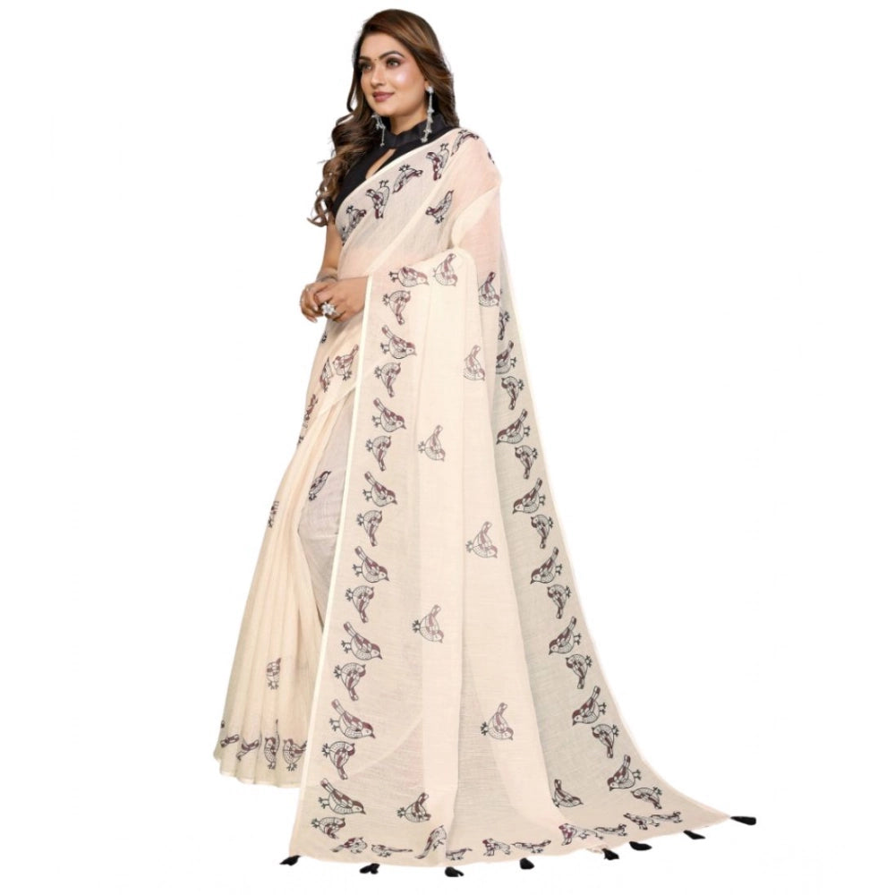 Women's Linen Cotton Printed Saree With Unstitched Blouse 5.5Mtr (Off White)