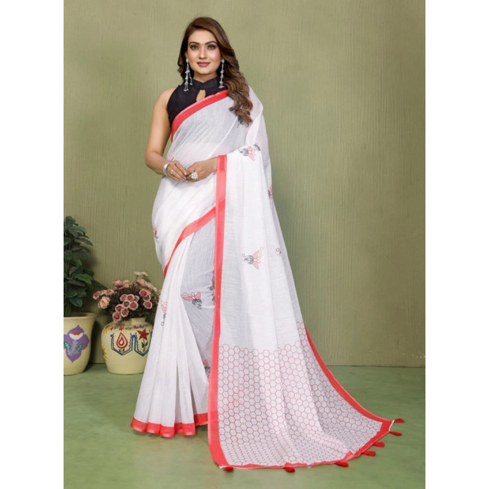 Women's Linen Cotton Printed Saree With Unstitched Blouse 5.5Mtr (White)