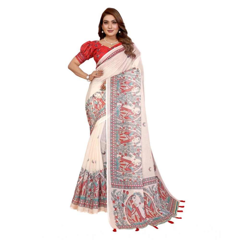 Women's Linen Cotton Printed Saree With Unstitched Blouse 5.5Mtr (Off White)