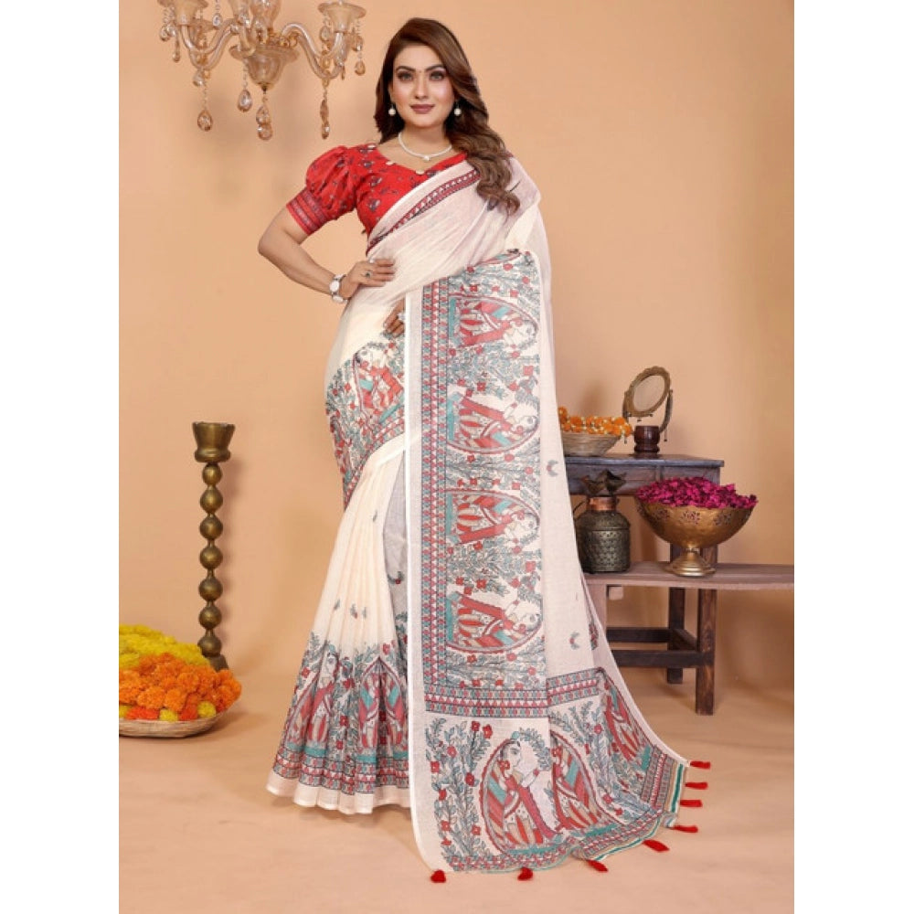 Women's Linen Cotton Printed Saree With Unstitched Blouse 5.5Mtr (Off White)