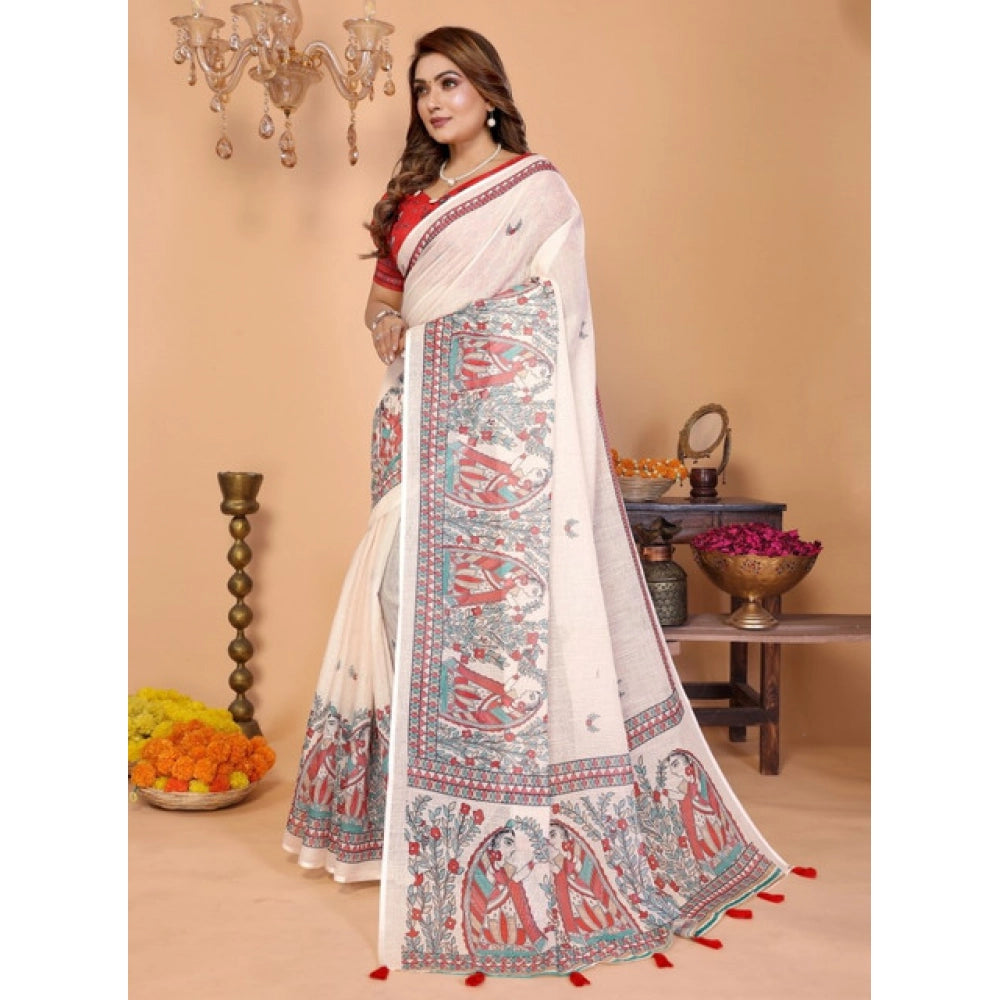 Women's Linen Cotton Printed Saree With Unstitched Blouse 5.5Mtr (Off White)