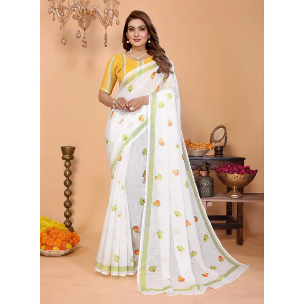 Women's Linen Cotton Printed Saree With Unstitched Blouse 5.5Mtr (White)
