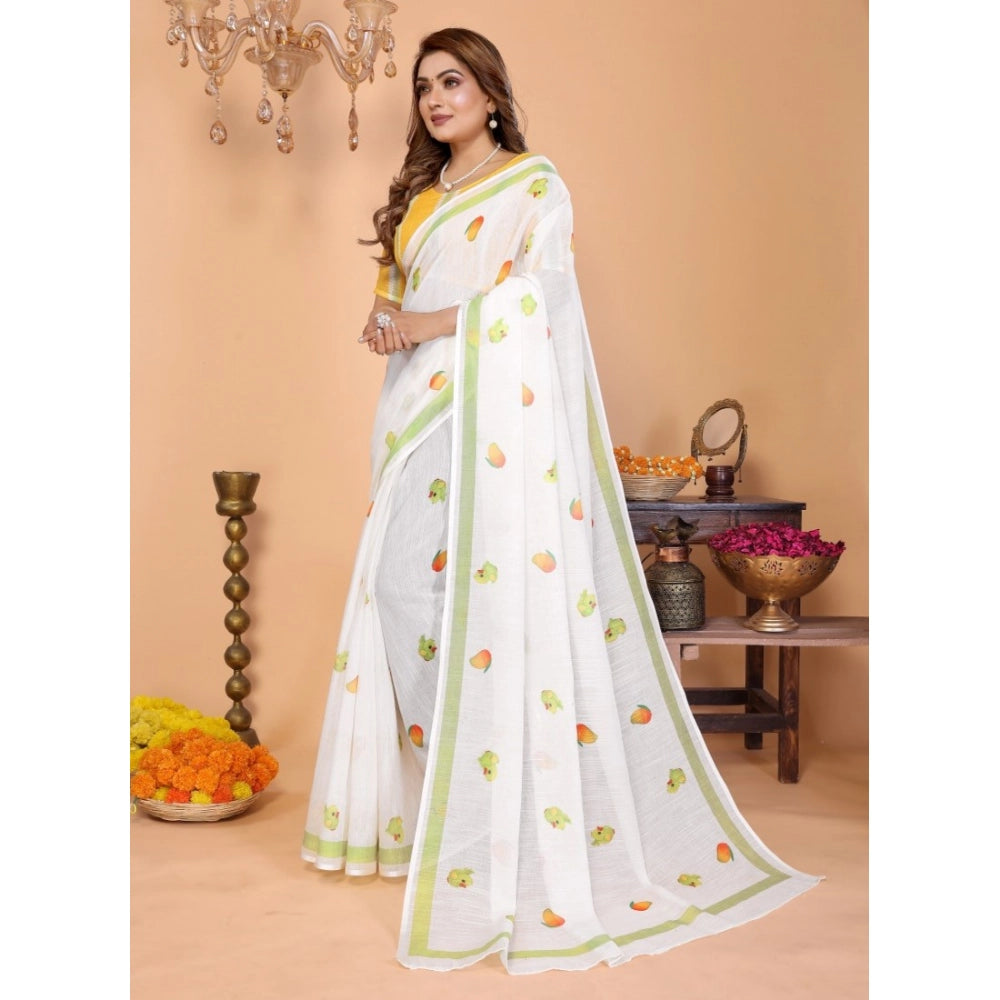Women's Linen Cotton Printed Saree With Unstitched Blouse 5.5Mtr (White)