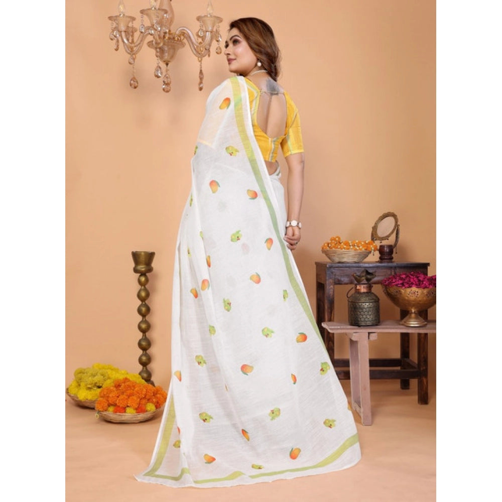 Women's Linen Cotton Printed Saree With Unstitched Blouse 5.5Mtr (White)