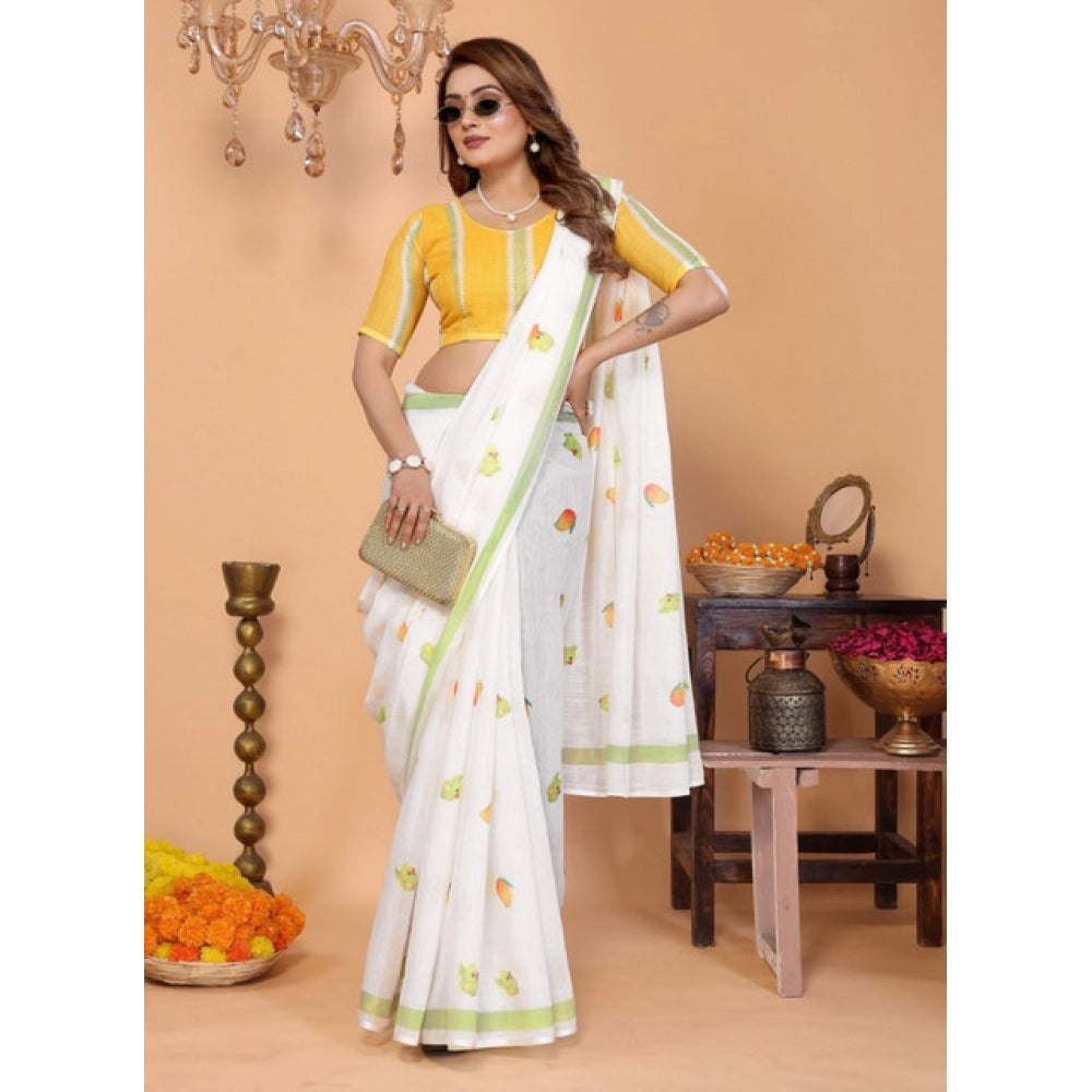 Women's Linen Cotton Printed Saree With Unstitched Blouse 5.5Mtr (White)