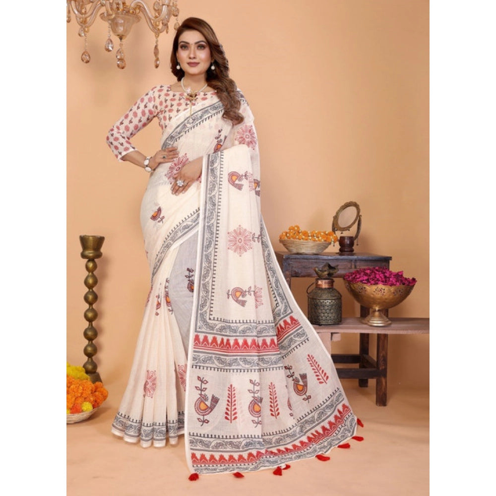 Women's Linen Cotton Printed Saree With Unstitched Blouse 5.5Mtr (Off White)